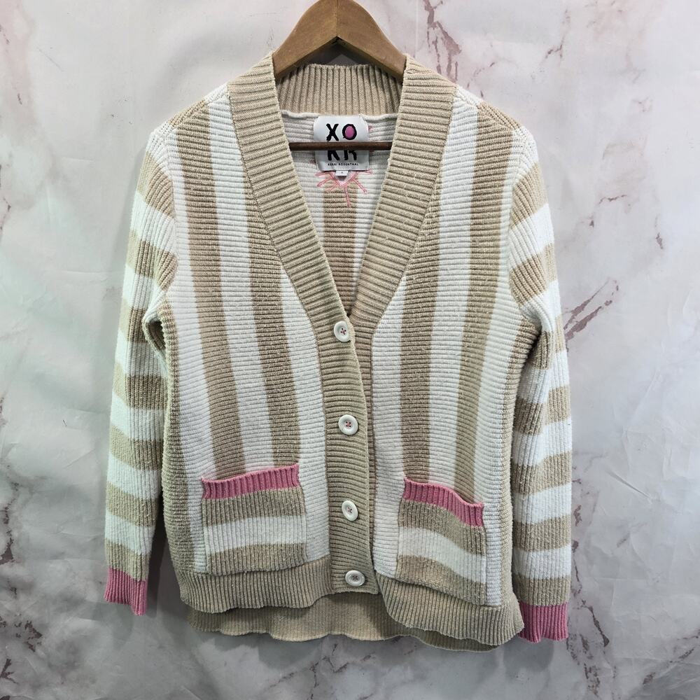 Kerri Rosenthal Sweater Womens Small White Tan Striped Cardigan Heart XO KR